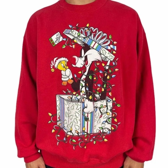 Jerry Leigh Other - 𝅺Vintage Looney Tunes Men's Christmas Sweatshirt, Tweety Sylvester Red Size OS